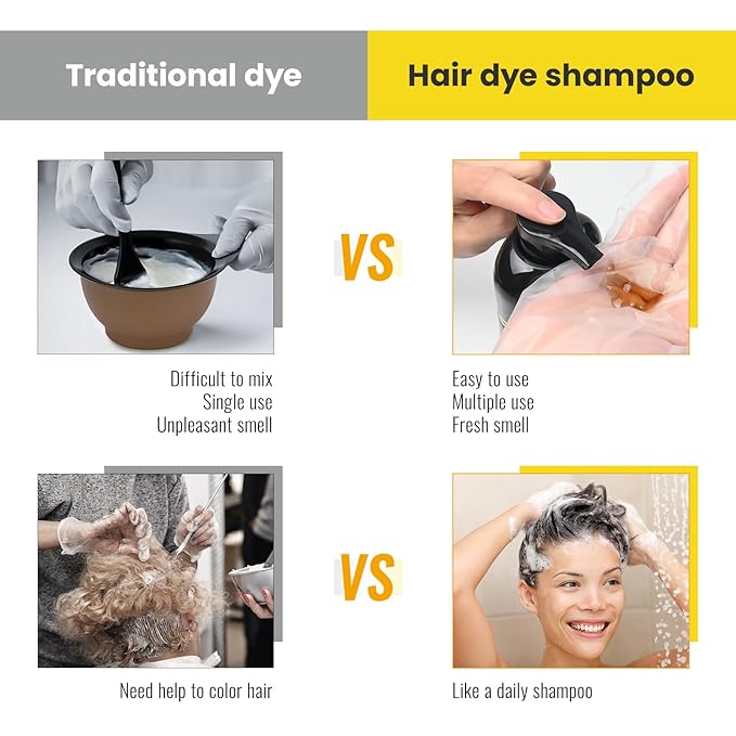 KINGMING Black Hair Dye Shampoo 3 in 1 for Gray Hair, Hair Color Shampoo for Women Men Grey Hair Coverage, Herbal Ingredients Champu Con Tinte Para Canas 500ml (Black).