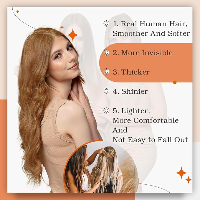 Full Shine Tape ins Human Hair Extensions 20 Inch Hair Extensions Real Human Hair Color 330 Orange 50Gram Remy Seamless Skin Weft 20Pcs Double Sided Tape ins Add Length for Women