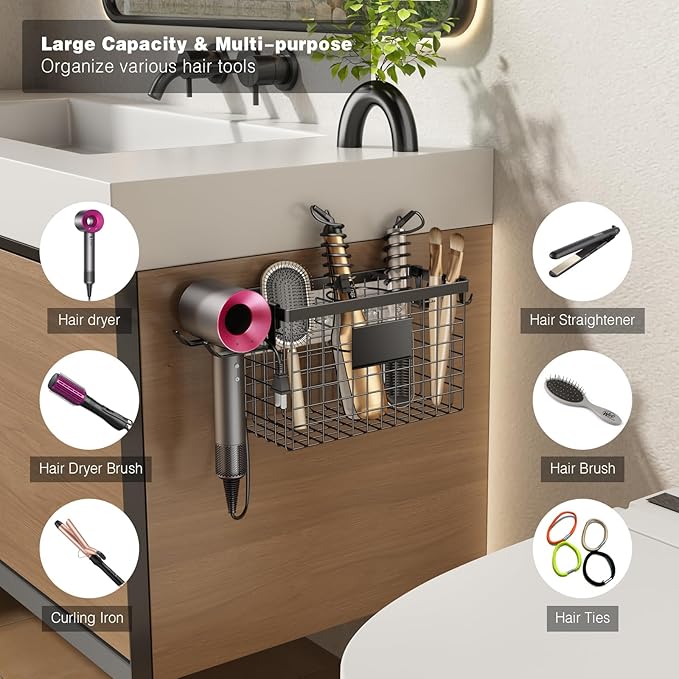 Voldra 2 Pack Hair Dryer Holder Cabinet Door, Adhesive Hair Tool Organizer Wall Mount Adjustable Height Blow Dryer Holder Under Sink for Flat Curling Iron, Hair Straightener Brush(Black)