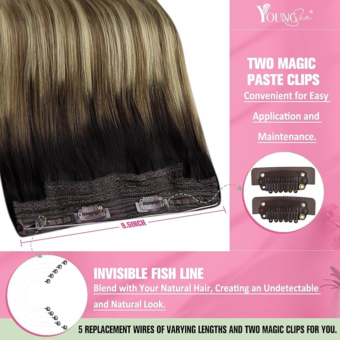 YoungSee Invisible Wire Hair Extensions Balayage Brown to Blonde Human Hair Extensions Wire Dark Roots to Medium Brown with Warm Blonde Highlights Fish Line Extension Hair for Women 20In 100G