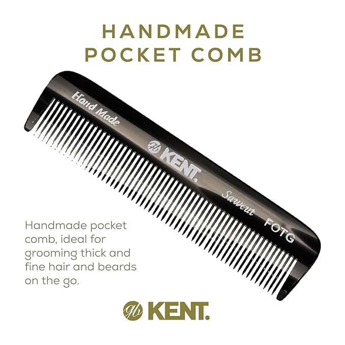 Kent FOT Black Graphite Fine Tooth Beard Comb - 4.5" Handmade Pocket Travel Comb for Men - Styling Combs for Fine or Thinning Hair, Mustache and Beard Care and Hair Care Kent