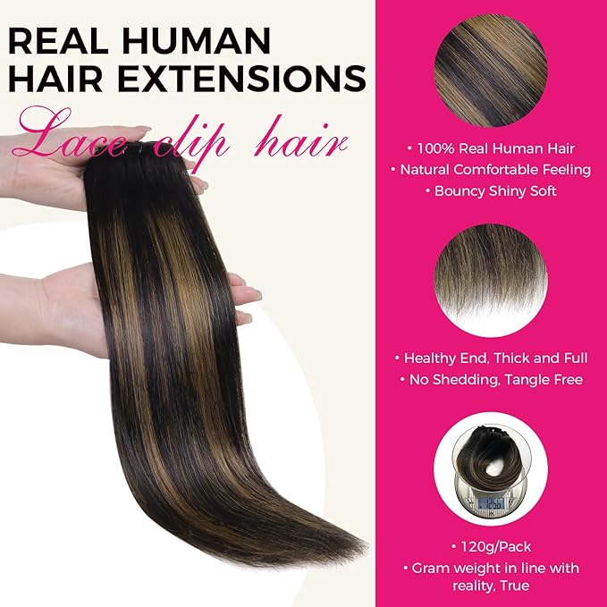 Lashey Clip in Hair Extensions Real Human Hair 7pcs 120g Straight Natural Black Mixed Chestnut Brown Hair Extensions Clip ins for Black Women 22 Inch