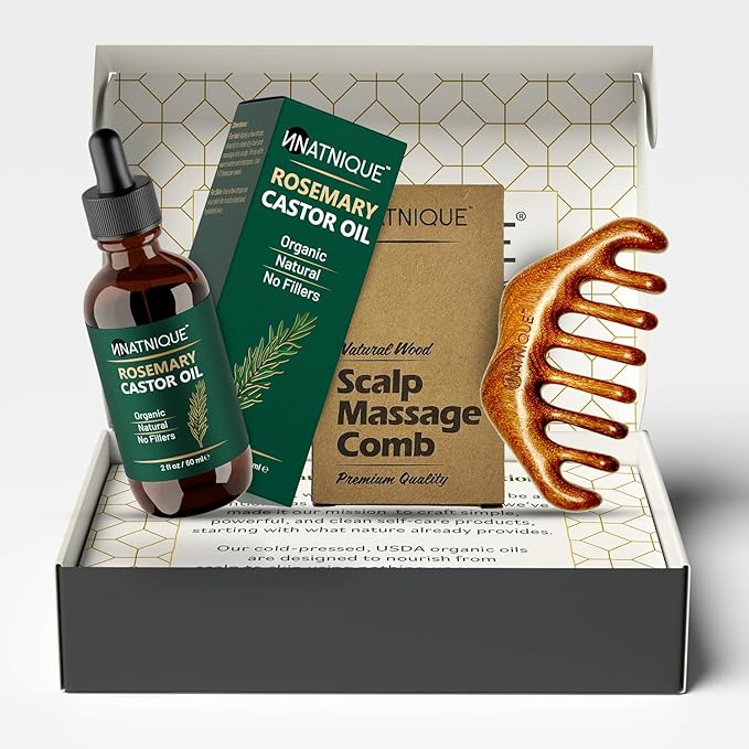 Natnique Hair Growth Gift Set – Organic Castor & Rosemary Blend + Wooden Scalp Massager Comb – Cold-Pressed, Hexane-Free, Vegan & Cruelty-Free – Natural Scalp Massage & Hair Care Set for Men and Women