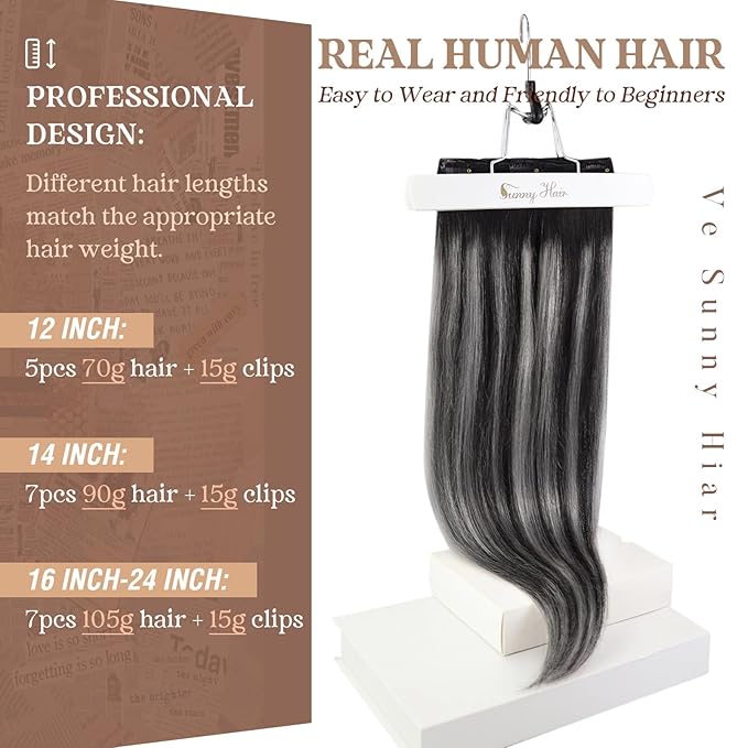 Ve Sunny Clip in Hair Extensions Real Human Hair Black Real Hair Extensions Clip ins Human Hair Grey Silver Clip in Extensions Real Human Hair Comfortable 7pcs 120g 22inch