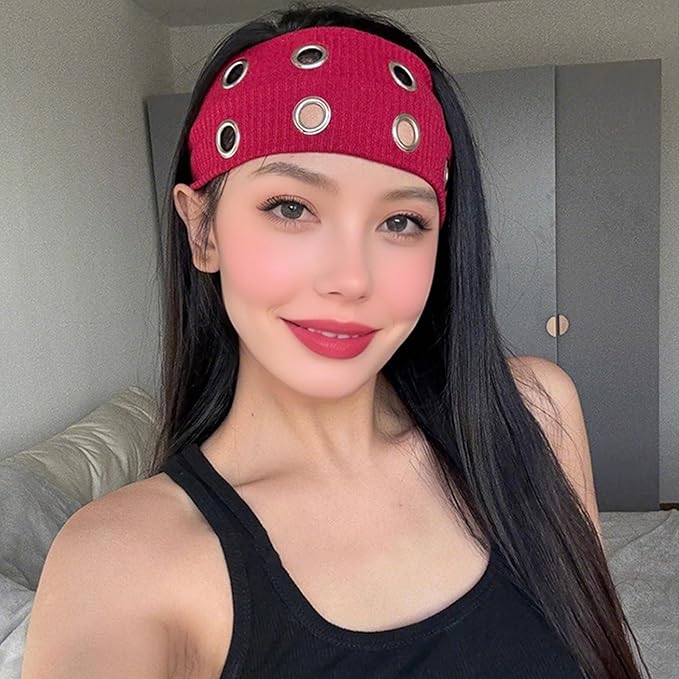 papasgix Grommet Headband for Women, Y2K Elastic Headband Wide Black Hair Band with Holes Metal Rock Style 2000s Hair Accessories (1, Camel)