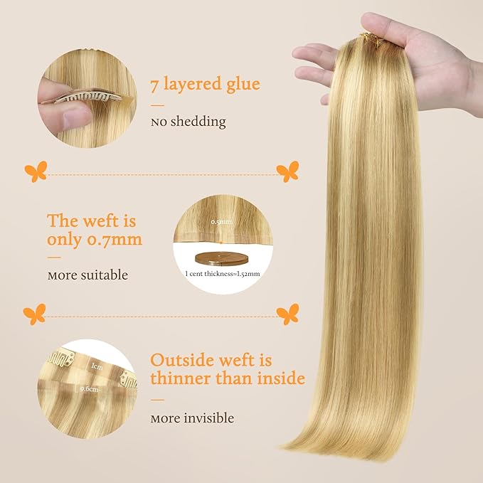 DOORES Human Hair Clip in Extensions, DirtyBlonde Highlight Golden Blonde 22 Inch 110g 7pcs, Seamless Clip in Hair Extensions Real Human Hair Remy Straight Skin Weft Invisi Edge Hair Extensions