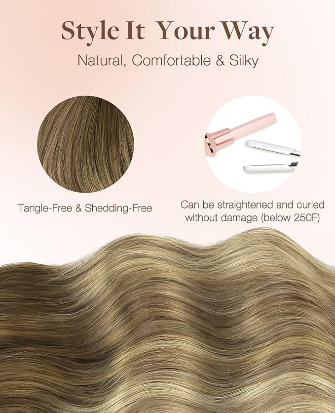 GOO GOO Invisi Edge Tape in Hair Extensions Human Hair, 3/8/613 Walnut Brown to Ash Brown and Bleach Blonde 10pcs injected with 10pcs classical tape ins, 22inch 50g, Virgin Remy Hair, Natural Look