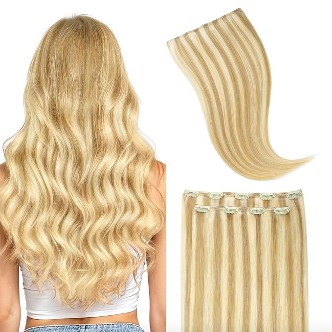 GOO GOO Clip in Hair Extensions Real Human Hair, Remy Human Hair Extensions Clip ins for Women, Natural Human Hair, 20inch 80g 2Pcs, #16/22 Light Blonde Highlighted Golden Blonde