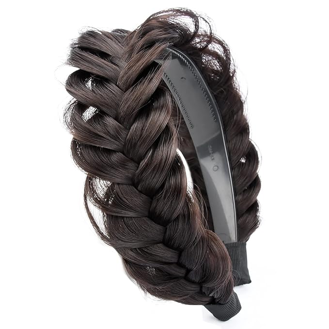 DIGUAN Wide Messy Braided Headband With Teeth Synthetic Hair Plaited Headband High Elasticity Braids Chunky Fishtail Braided Hair Band Hairpiece for Girls Women (Deep Brown)