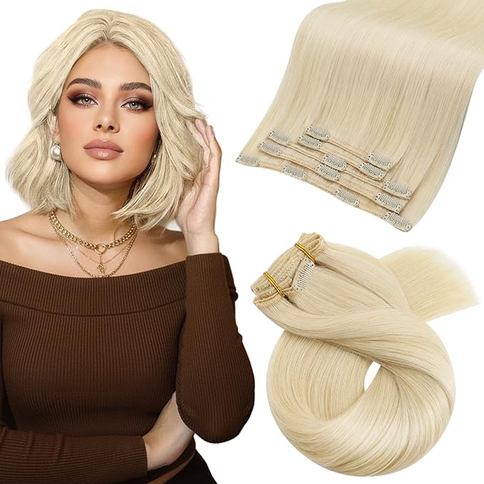 Moresoo Short Blonde Clip in Hair Extensions Remy Human Hair Short Golden Platinum Blonde Hair Extensions Clip ins Straight for Women Double Weft 80g/5pcs 12 inch