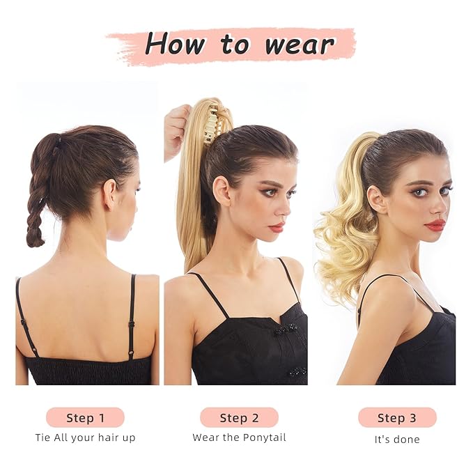 Ponytail Extension, Clip on Ponytails for Women, 12" Claw Clip in Short Curly Wavy Pony Hair Extension for Women - Black