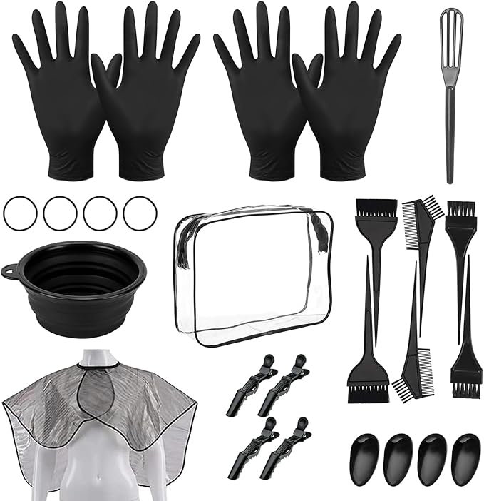 26PCS Hair Dye Coloring Kit, Professional Hair Bleach Kit, Hair Coloring Products, Gloves, Storage Bag, Rubber Band, Ear Cap, Mixing Spoon, Shawl, Clips, Brush, Bowl, Black