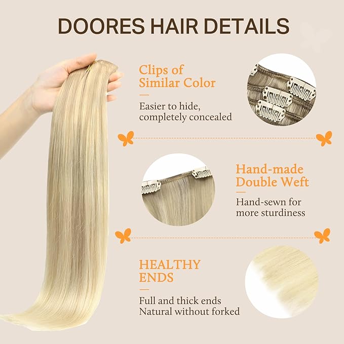 DOORES Classic Clip Seamless Clip, 5pcs 85g 22 Inch Balayage Ash Blonde to Golden Blonde and Platinum Blonde