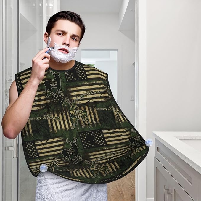 Adjustable Beard Bib, Non-Stick Hair Catcher Cape for Men's Shaving, Waterproof with 2 Suction Cups, Camouflage Hunting Deer Camo American Flag Shave Bib