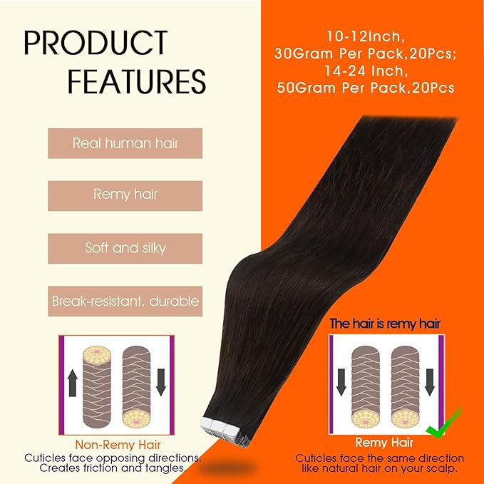Full Shine Tape in Human Hair Extensions 14Inch Seamless Skin Weft Adhesive Tape Hair Extensions Real Human Hair Color 2 Dark Brown Glue in Remy Human Hair Extension 20Pcs 50g Thick End for Women