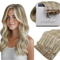 RUNATURE Clip in Hair Extensions Real Human Hair, Straight Human Hair Clip in Extensions with Blonde Highlighs, Natural Looking, 16 Inch 120g 7pcs #8P60 Ash Brown Highlight Platinum Blonde