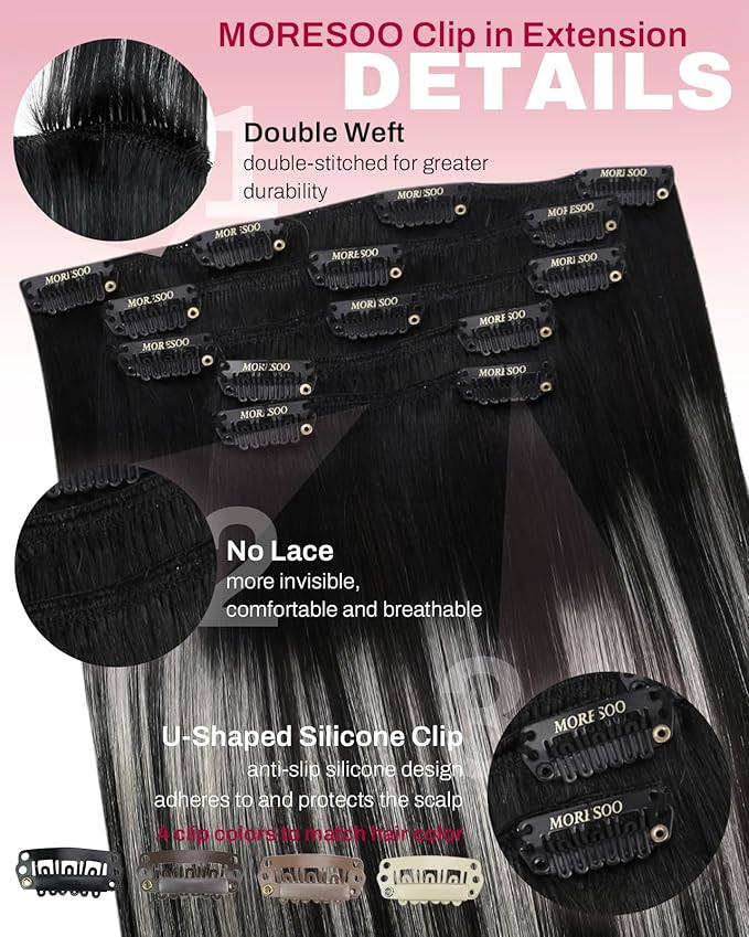 Moresoo Silver Grey Hair Extensions Real Human Hair Clip ins Balayage Black to Silver Double Weft Human Hair Clip in Extensions Short Straight Hair Extensions for Women 80g/5pcs 14in