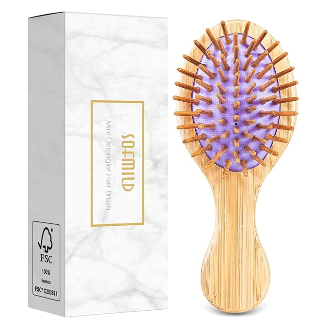 Mini Hair Brush, Sofmild Bamboo Detangling Travel Hair Brush for Women Girls Kids Wet Dry Curly All Hair Types, Mini Small Detangler Brush for Purse, Car, Travel Bag Essentials