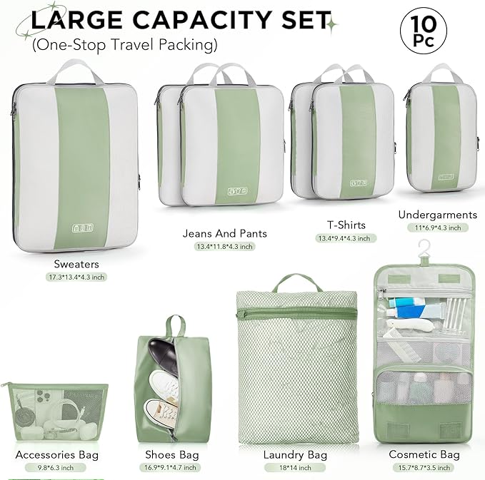 10 Set Compression Packing Cubes for Travel Essentials,Compressible Expandable Packing Cubes for Suitcase,OlarHike Luggage Organizer Bags for Travel,Handy Helper for Organizing Clothes(Matcha Green)