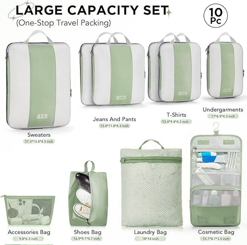 10 Set Compression Packing Cubes for Travel Essentials,Compressible Expandable Packing Cubes for Suitcase,OlarHike Luggage Organizer Bags for Travel,Handy Helper for Organizing Clothes(Matcha Green)