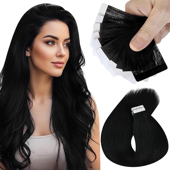 Sunny Hair Tape in Hair Extensions Real Human Hair Invisible Remy Hair Extensions Tape ins for Women Jet Black 20 inch 25G