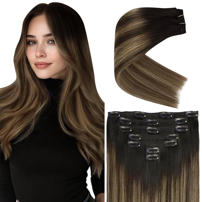 Ve Sunny Human Hair Clip in Extensions, Balayage Clip in Hair Extensions, Clip in Extensions Real Human Hair, Black Root Brown to Blonde Hair Extensions for Daily Use, 20inch 7pcs 120g