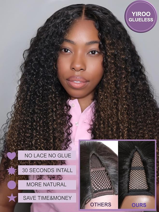 YIROO EasiContour V Part Ombre Brown Human Hair Wig Curly 12A Glueless Upgrade U Part Wig Ombre Black to Chestnut Brown No Leave Out V Shape Clip Wigs Ready to Go 150% Density Beginner Friendly 24Inch