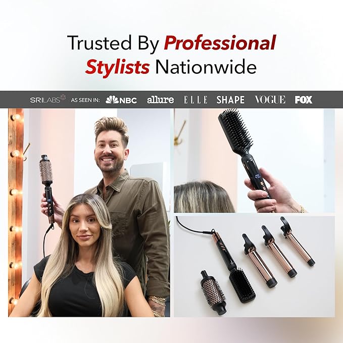 SRILabs CurlQ Extra Long Barrel 5-in-1 Curling Iron & Hair Styling Tool Set with Titanium Barrels, Ceramic Paddle Brush, Thermal Brush, Fast Heat-Up & 12 Temperature Settings