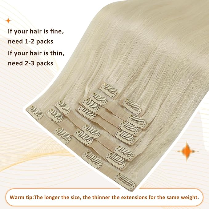 Full Shine Seamless Hair Extensions Real Human Hair Clip ins Platinum Blonde Silky Straight Clip in Hair Extensions Invisible Real Hair 14 Inch 8 PCS 120 Grams