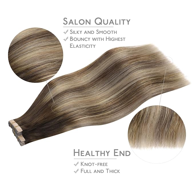 Wennalife Tape in Hair Extensions Human Hair, 40pcs 100g 20 inch Balayage Chocolate Brown to Honey Blonde Hair Extensions Real Human Hair Straight Tape in Extensions Reusable Real Hair Extensions