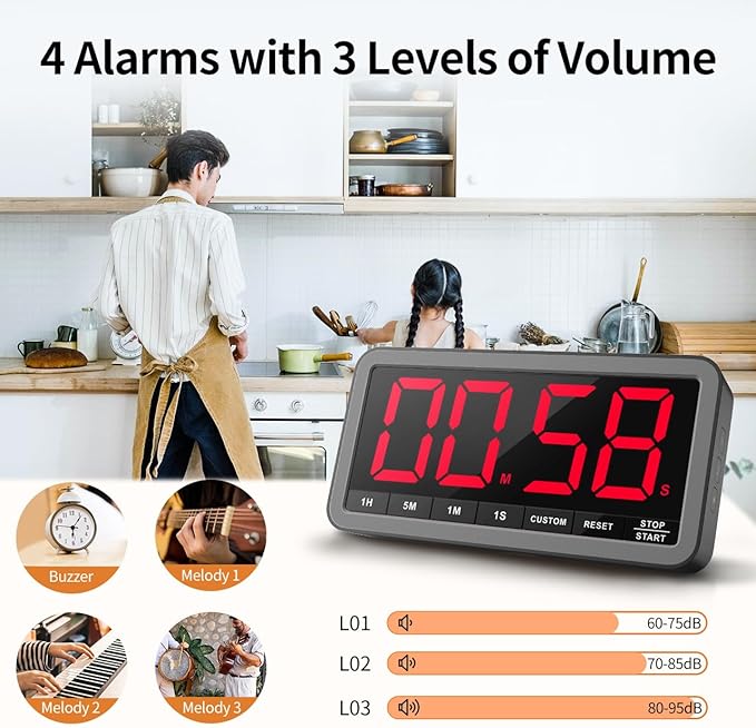 VOCOO Digital Kitchen Timer with 7.8” Extra Large Display, Magnetic LED with 3 Brightness, 4 Alarms and 3 Volume Levels, Battery Powered Countdown Count Up Timer for Cooking, Classroom, Home Gym