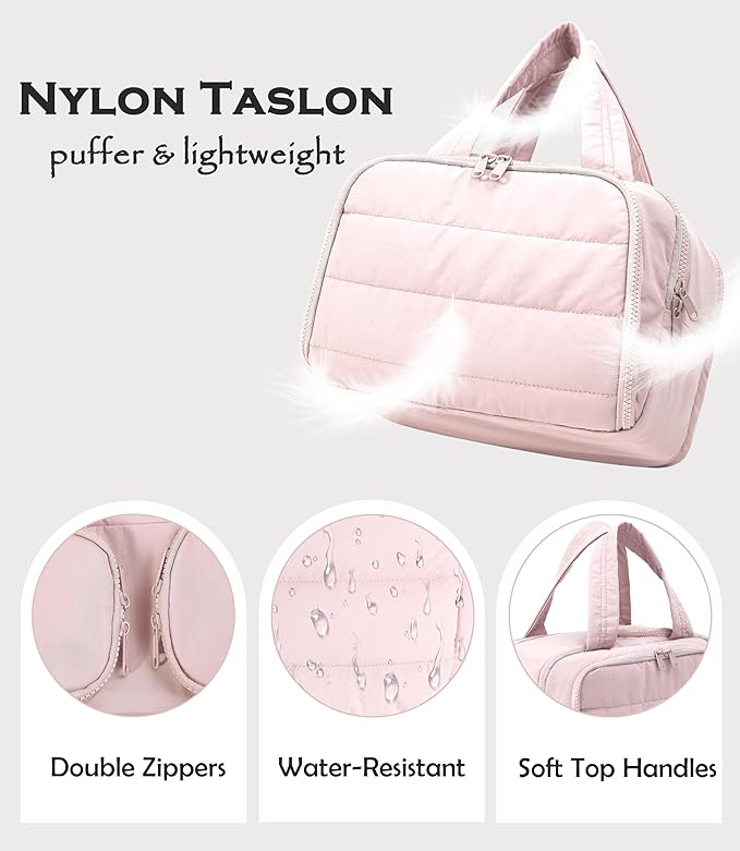 Travel Toiletry Bag for Women, Large Wide-open Puffy Cosmetic Makeup Bag with Wet-Dry Separation, Multi-Pocket Organizer with Carry Handle for Toiletries, Cosmetics, Essentials, Light Pink