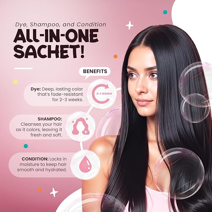 Herbishh Bubble Foam Hair Dye Shampoo, 3 in 1 Dye for 100% Grey Coverage, Permanent & Instant Hair Coloring for Men & Women, Long-lasting & Travel-friendly, Ammonia-free, 10 Sachet x 24 ml (Black)