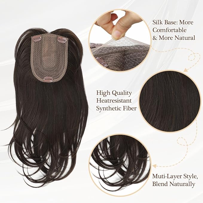UDU Hair Toppers for Women with Thinning Hair Synthetic Hair Toppers Hair Pieces for Women Ladies Dark Brown Highlights Muti-layer Long Straight Wavy Clip in Wiglets with Fringe bangs