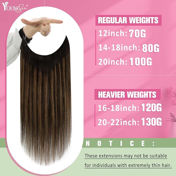 YoungSee Wire Human Hair Extensions Brown Wire Hair Extensions Human Hair Balayage Darkest Brown with Medium Brown Fish Line Hair Extension Real Human Hair 80G 16In