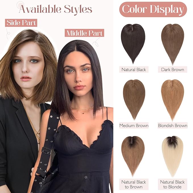 Hairro 100% Human Hair Topper No Bangs, Real Clip in Hair Hairpieces for Women, 3.94x4.72" Silk Base for Thinning Receding High Hairline, 10 Inch Dark Brown Side Part