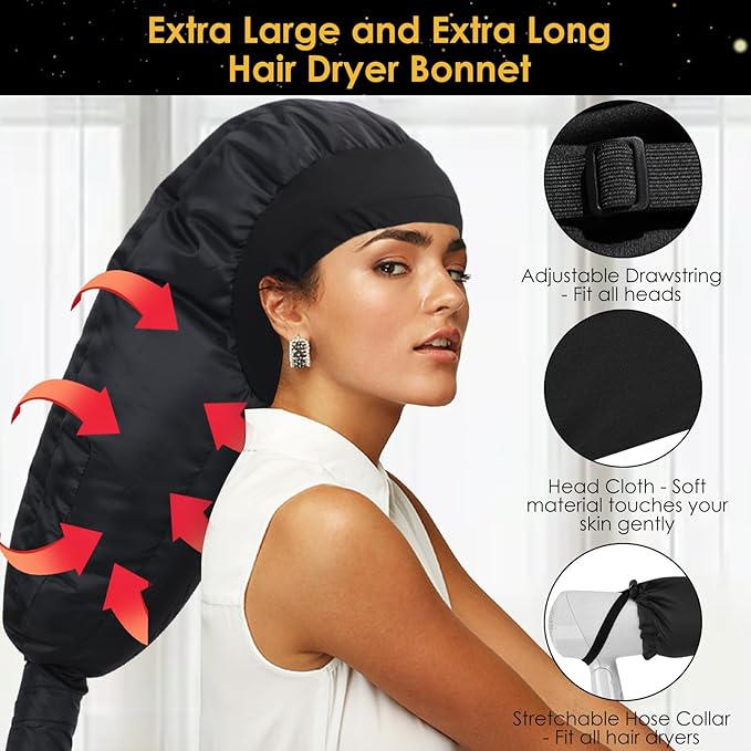 Hair Dryer Bonnet Attachment: Upgraded Extra Large Hooded Dryer Adjustable Hair Dryer Caps - Easy to Use for Natural Curly Textured Hair Care Styling Fast Drying - Black