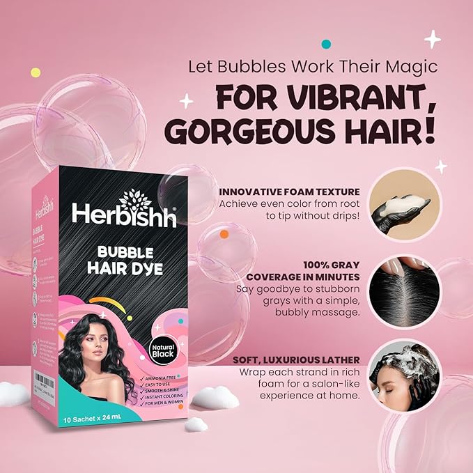 Herbishh Bubble Foam Hair Dye Shampoo, 3 in 1 Dye for 100% Grey Coverage, Permanent & Instant Hair Coloring for Men & Women, Long-lasting & Travel-friendly, Ammonia-free, 10 Sachet x 24 ml (Black)