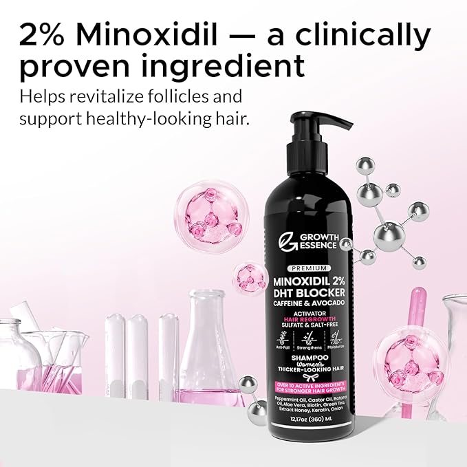 Women’s 2% Minoxidil Hair Regrowth Shampoo – Biotin, Caffeine & DHT Blockers for Thicker-Looking Hair – Strengthening Formula with Keratin, Castor Oil, Green Tea & Rosemary 12.17 fl oz