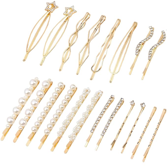 20 Pieces Elegant Hair Barrettes Bridal Golden Metal Hair Clip Artificial Pearl Hair Pins and Clear Rhinestone Bobby Pin for Weddings Hair Accessories