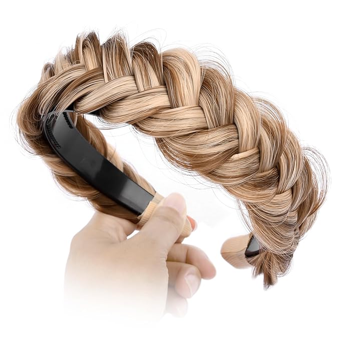DIGUAN Wide Messy Braided Headband With Teeth Synthetic Hair Plaited Headband High Elasticity Braids Chunky Fishtail Braided Hair Band Hairpiece for Girls Women (Highlighted)