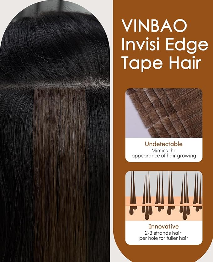 VINBAO Invisible Tape in Extensions Human Hair, 55g 20pcs Balayage Walnut Brown to Ash Brown and Blonde Seamless Injected Tape in Extensions Natural Look 20inch #3/8/22