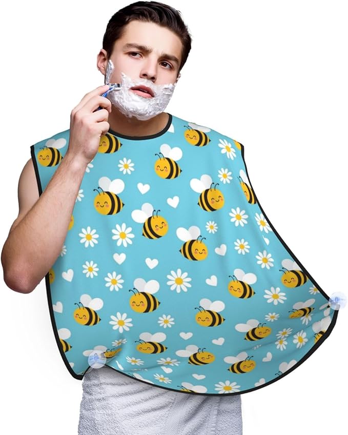 No-Slip Shaving Bib, Beard Grooming Apron with Strong Suction Cups, Yellow Bee Cute Flower Daisy Sky Blue