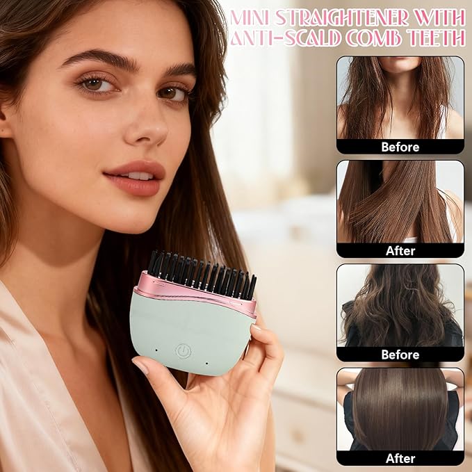 Mini Straightener,Mini Hair Straightener for Women,New Rechargeable Wireless Portable Hair Straightener Brush,Rapid-Heat with Three Temperature Controls,Heat-Resistant Shell Travel Comb (Pink)