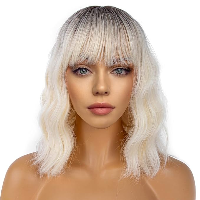 Short Bob Wigs with Bangs for Women Loose Wavy Wig Curly Wavy Shoulder Length Bob Synthetic Cosplay Wig for Girl Colorful Costume Wigs (Light Blonde Ombre)