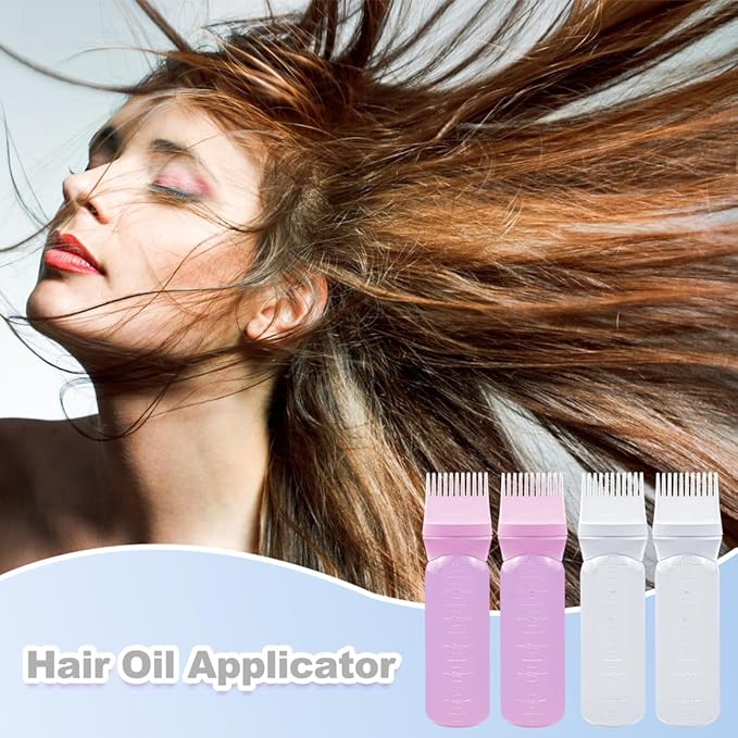 ELANE 4 Pcs Root Comb Applicator Bottle 6oz,Hair Oil Applicator Bottle for Hair,Oil Comb Applicator Hair Bottle Applicator for Hair Dye Shampoos Hair Salons Camping Traveling(white+pink)