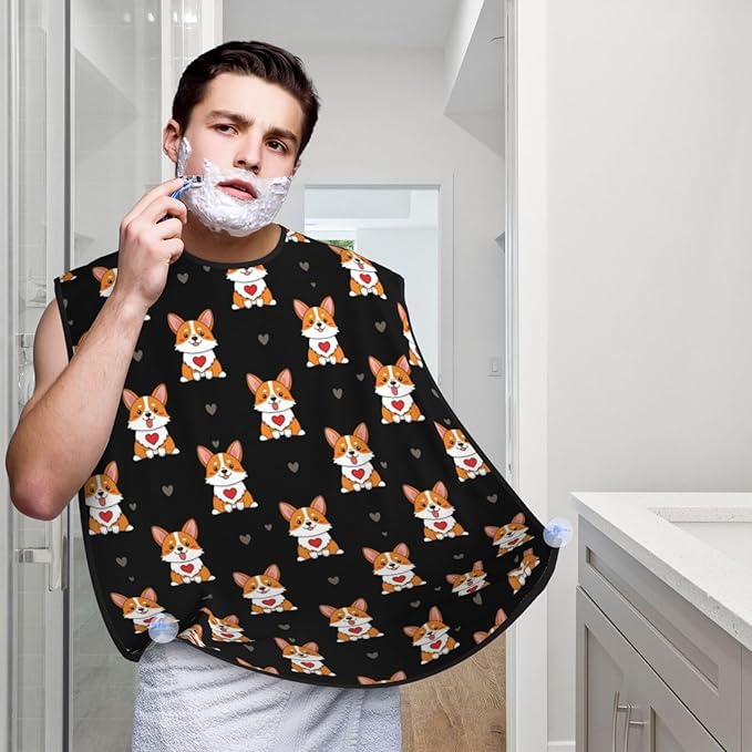 Strong Suction Cup Beard Grooming Bib, Non-Stick Hair Catcher, Waterproof, for Shaving, Cute Funny Dog Puppy Welsh Corgi