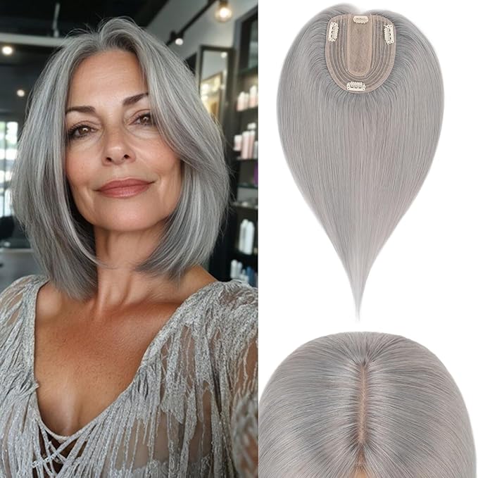 Rich Choices Hair Toppers for Women Real Human Hair 100% Human Remy Toppers NO Bangs for Women with Thinning on Top Clip in Hairpiece 4"x4.7"Lace Base 10 Inch Gray