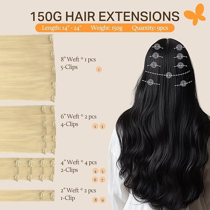 DOORES Clip in Hair Extensions Real Human Hair, Bleach Blonde 150g 9pcs 18 Inch, Remy Clip in Hair Extensions Natural Hair Extensions Human Hair Extensions Clip ins Straight Thick Hair Extensions