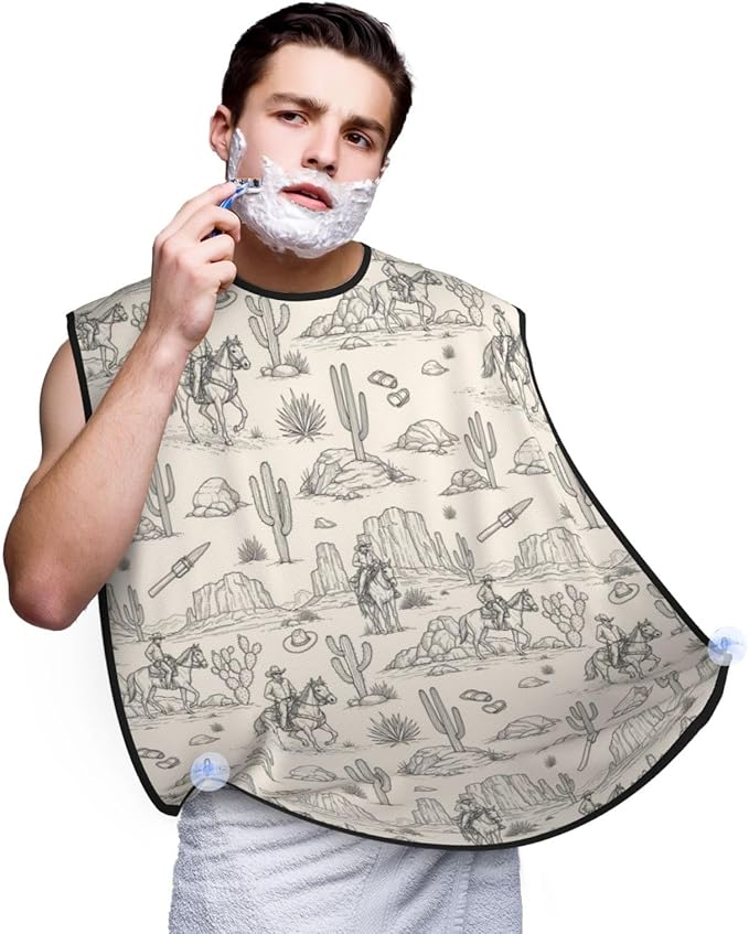 Beard Trimming Catcher Apron, Waterproof Non-Stick Grooming Bib for Shaving, Ideal for Men Dad Father’s Day, Western Desert Cowboy Riding Horses Shave Bib